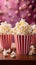 Popcorn perfection on a pink cinema  themed table, inviting front  view indulgence