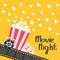 Popcorn popping. Big movie reel. Ticket Admit one.