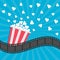 Popcorn popping. Cinema movie icon in flat design style. Film strip border. Red yellow strip box. Blue star burst sunburst wave ba