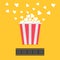 Popcorn popping. Film strip. Red yellow box. Cinema movie night icon in flat design style. Yellow background.