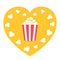 Popcorn popping. Red yellow strip box. Heart shape. I love movie cinema night icon in flat design style. White background.