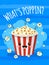 Popcorn poster. Cute bucket of popcorn with funny smiling face. Tv movie, cinema print with food and snacks. Cartoon