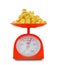 popcorn on red weigh scales isolated on white background
