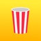 Popcorn round box. Empty packaging. Movie Cinema icon in flat design style. Pop corn template. Yellow gradient background. Fast fo