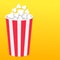 Popcorn round box. Left side template. Movie Cinema icon in flat design style. Pop corn popping. Yellow gradient background. Fast