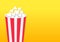 Popcorn round box. Movie Cinema icon in flat design style. Pop corn popping. Left side template. Empty space. Yellow gradient back