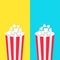 Popcorn round bucket box set. Movie Cinema icon in flat design style. Pop corn popping. Blue yellow background template. Fast food