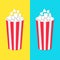Popcorn round bucket box set. Movie Cinema icon in flat design style. Pop corn popping. Fast food. Blue yellow background template