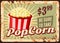 Popcorn rusty metal plate, vector pop corn bucket