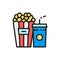 Popcorn snack and drink, cinema food flat color line icon.