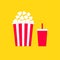 Popcorn soda drinking glass icon set. Cinema movie night. Big size white red strip box. Pop corn food. Cute movie cinema banner