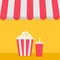 Popcorn and soda with straw. Cinema icon. Striped store awning for shop, marketplace, cafe, restaurant. Red white canopy roof.