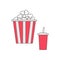 Popcorn and soda with straw. Cinema thin line icon in flat dsign style. White background. Isolated.