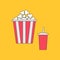 Popcorn and soda with straw. Cinema thin line icon in flat dsign style. Yellow background.