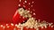 Popcorn, Spilled popcorn on red background, cinema, movies and entertainment concept. Generative Ai