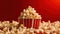 Popcorn, Spilled popcorn on red background, cinema, movies and entertainment concept. Generative Ai