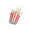 Popcorn splash movie round bucket cup. Realistic vector cinema pop corn paper bowl red white box. Blow up flying pop corn. Oops