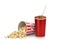 Popcorn in striped bucket with cola in takeaway cup