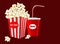 Popcorn in striped paper box, soda drink takeaway set. Cinema design in flat style, Vector illustration.