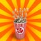 Popcorn in a striped red glass flies 3d render