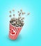 Popcorn in a striped red glass flies 3d render on a gradient background