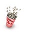 Popcorn in a striped red glass flies 3d render on a white background