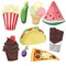Popcorn, Taco, watermelon, cupcake, chocolate, cucumber, ice cream, pizza, olives. Digital illustrations of food