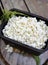 Popcorn on wood serving tray in basket