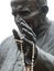 Pope John Paul II Black Metal Statue with Hand Raised Holding a Wooden Beaded Rosary