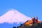 Popocatepetl volcano and church in cholula, puebla, mexico II