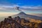 Popocatepetl volcano in Mexico, Tourist on the peak of high rocks. Sport and active life concept
