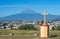 Popocatepetl volcano, Mexico. View from Church of Virgin of the remedies in Cholula