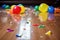 popped balloon pieces on the floor