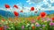 Poppies wildflowers spring landscape, beautiful idyllic rural background