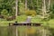 A poppy bridge in a park over the water