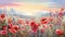 Poppy field embroidery. Cross stitch pattern. Cross stitching illustration of blooming poppy flowers field with colorful sky at