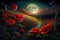 Poppy Flowers Field, Landscape With Bright Full Moon And Cloudy Sky In Background - Generative AI