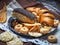 Poppy pastries, cookies and fruit, cereal chips for dessert, tasty lunch, closeup shot on a cotton napkin