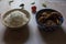 Popular Bengali lunch menu white rice and chicken masala.
