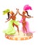 Popular brazil carnival event advertising poster element. Cartoon women in festive clothes dancing. Stage in shape of
