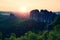 Popular climbers resort in Saxony park, Germany. Sharp sandstone cliffs above deep valley.