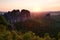 Popular climbers resort in Saxony park, Germany. Sharp sandstone cliffs above deep valley.