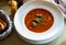 Popular dish of Russian cuisine is an appetizing hearty meat soup goulash