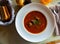 Popular dish of Russian cuisine is an appetizing hearty meat soup goulash