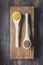 Popular healthy Asian and European cereals red lentil lens culinaris and bulgur in wooden culinary spoons