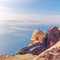 Popular historic chapel in the ruins of the castle, Santorini, Oia