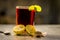 Popular Indian/Asian summer drink Kala Khatta Sharbat with garnishing ingredients i.e. sliced lemon,Citrus Ã— limon, salt,sodium