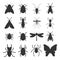 Popular insects silhouette icons isolated