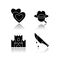 Popular movie types drop shadow black glyph icons set. Romantic films, detective mystery, fantasy and thriller
