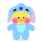 Popular soft toy yellow duck Lalafanfan in blue kigurumi and round glasses